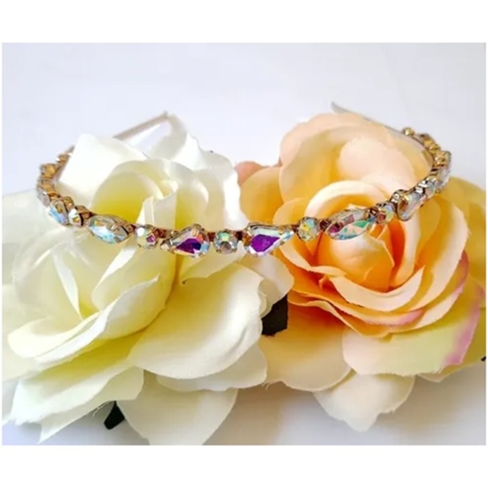 Iridescent Crystal Rhinestone Halo Headband Gold Bridal Hair Accessory OS